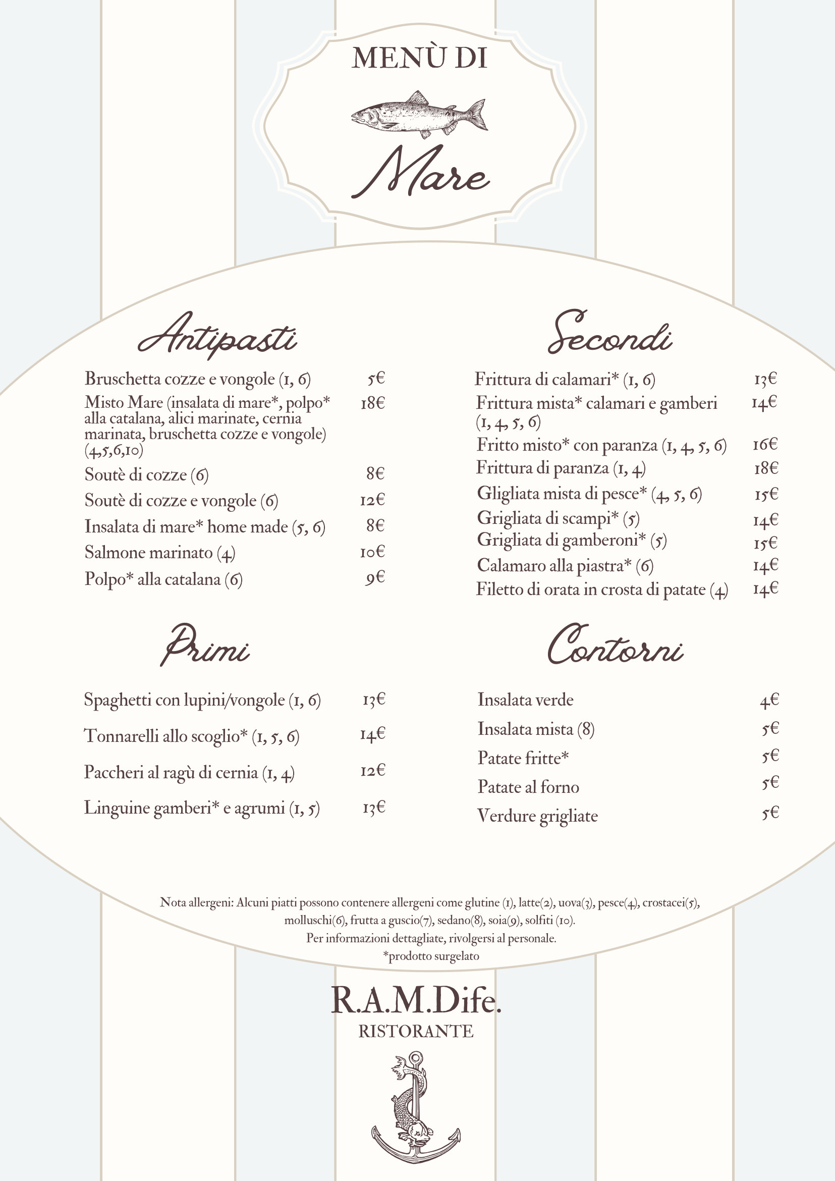 Pagina menù di mare — antipasti, primi, secondi e contorni di pesce