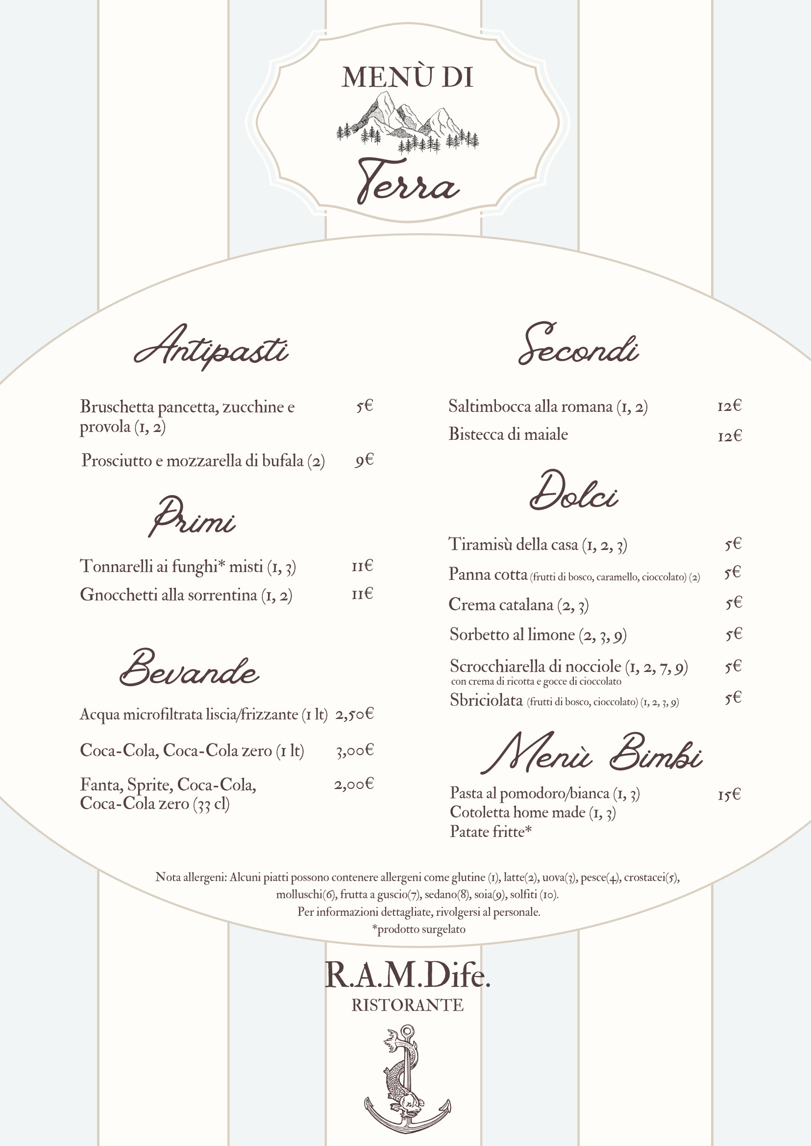 Pagina menù di terra — antipasti, primi, secondi, dolci, bevande e menù bimbi